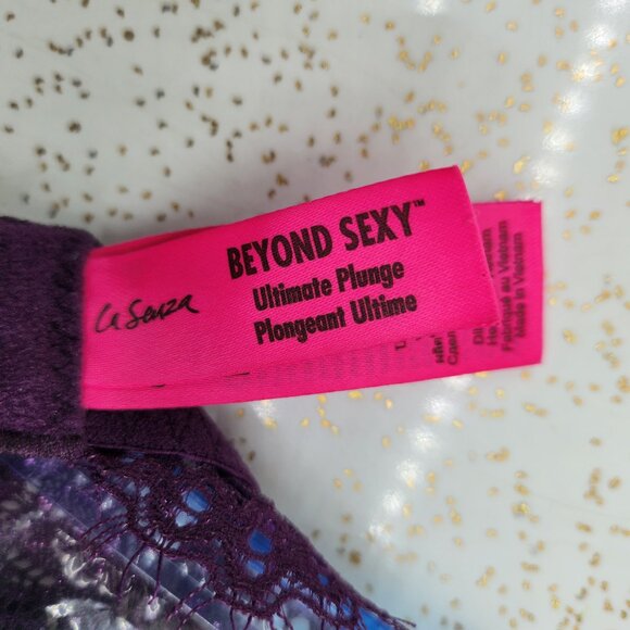 Purple Lace Underwire Plunge Bra With Rhinestone Embellishments - Picture 11 of 12